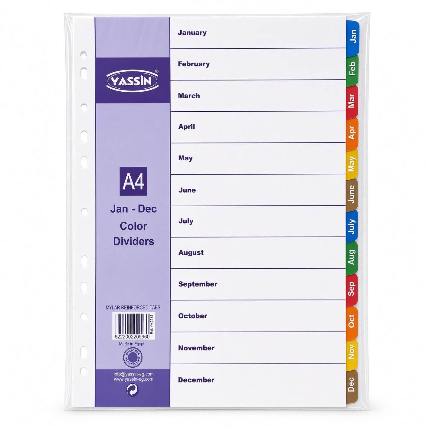 Yassin A4 Monthly Color Dividers Jan–Dec, 12-Tab Index Separators with Mylar Reinforced Tabs - No: 2712