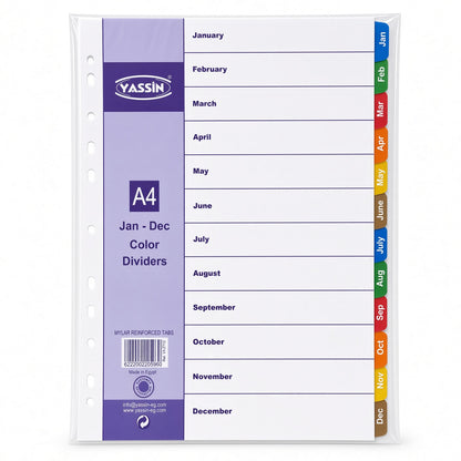 Yassin A4 Monthly Color Dividers Jan–Dec, 12-Tab Index Separators with Mylar Reinforced Tabs - No: 2712