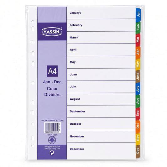 Yassin A4 Monthly Color Dividers Jan–Dec, 12-Tab Index Separators with Mylar Reinforced Tabs - No: 2712