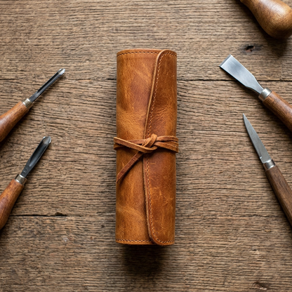 Leather tool roll rolled up and tied closed on a rustic table