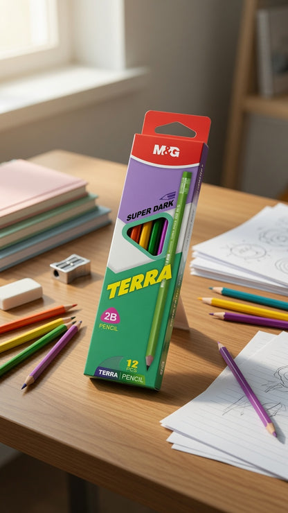M&G Chenguang Terra 2B Wooden Pencils With Eraser – Premium Super Dark Graphite Pencils, Break-Resistant, Pack of 12 - No: AWP309D0