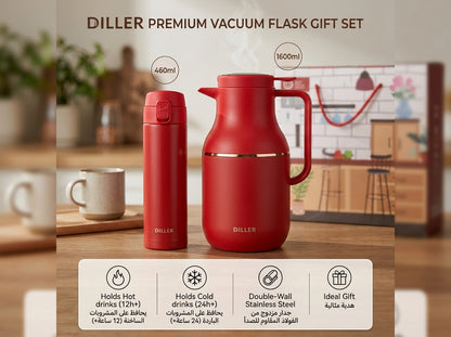 DILLER Vacuum Flask & Thermal Bottle Gift Set – 1600ml Jug + 460ml Travel Bottle – Double Wall Stainless Steel Insulated