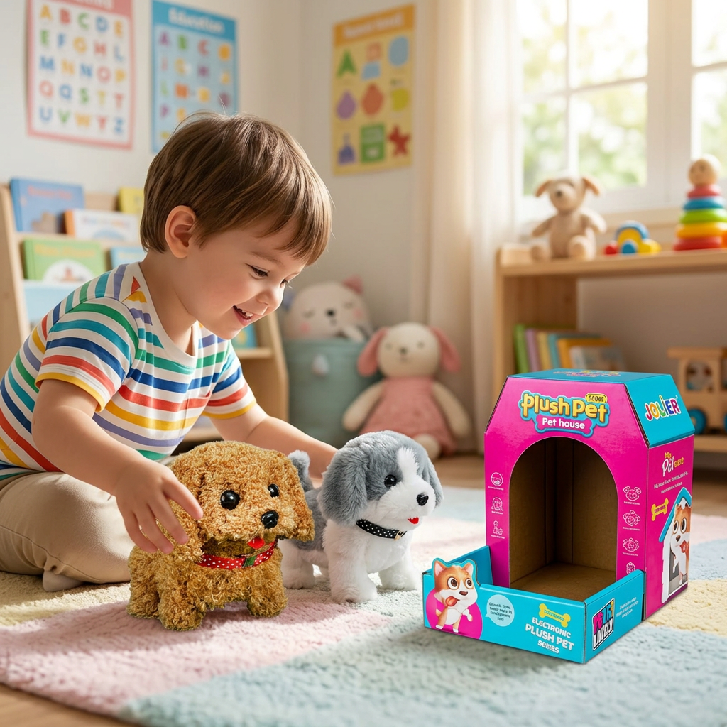 Child playing with the Jolier mini plush pet and its pet house