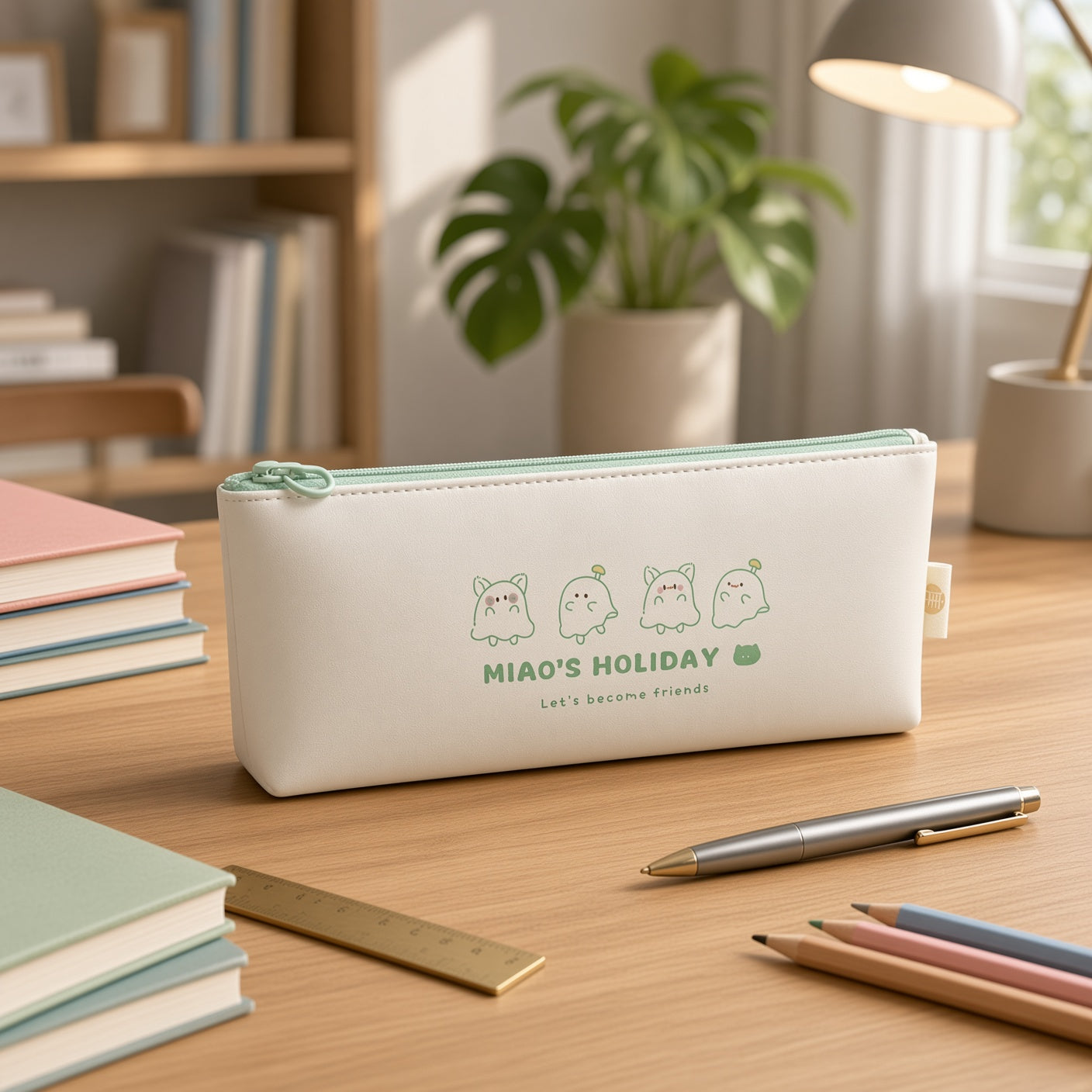 M&G Chenguang Length+ Large Capacity Pencil Case – White “MIAO’S HOLIDAY” Design, Waterproof PU Stationery Pouch - 1pcs - No: APB932F