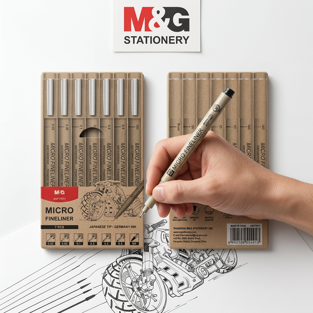 Hand drawing line art with one pen from the M&G set of 7 micro fineliners