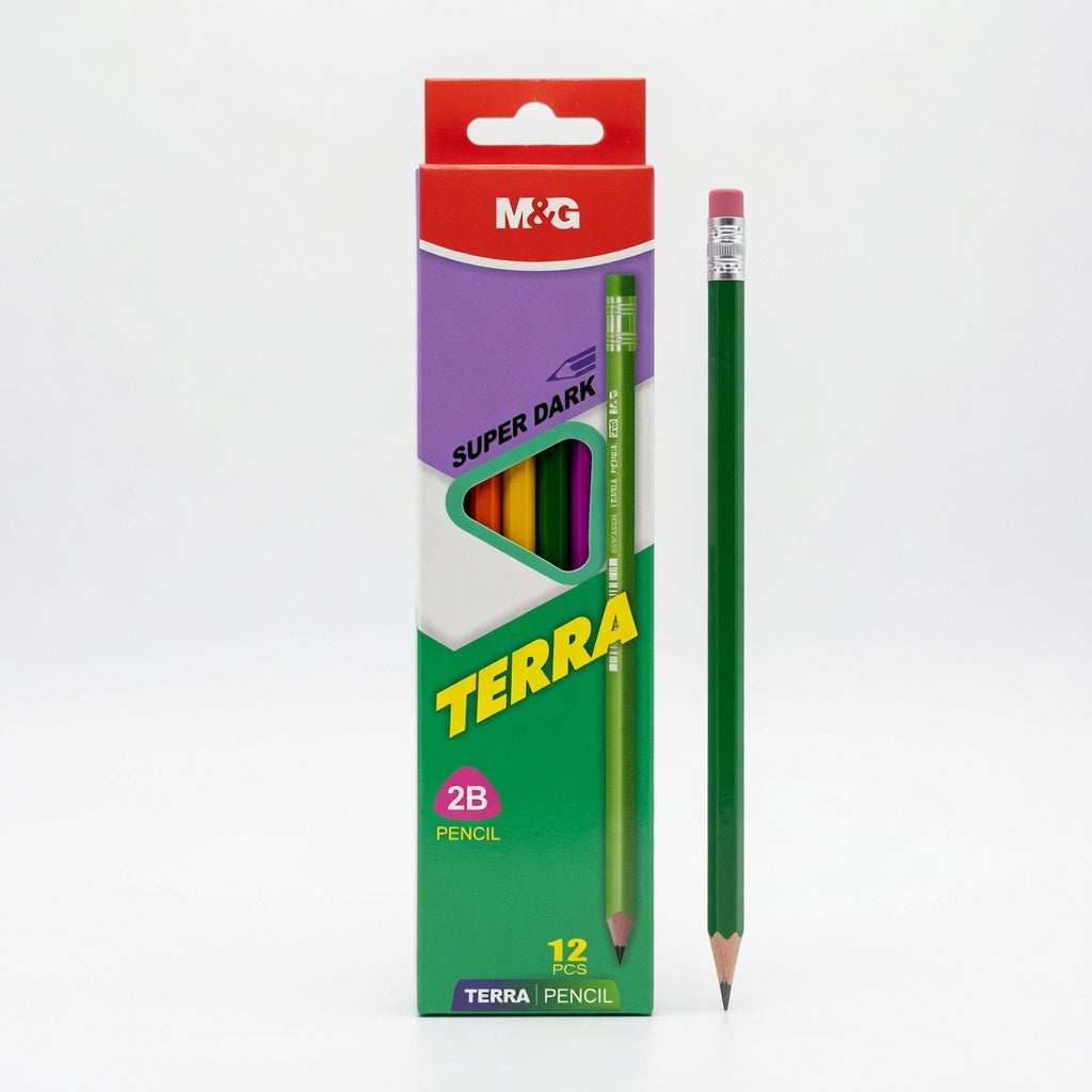 M&G Chenguang Terra 2B Wooden Pencils With Eraser – Premium Super Dark Graphite Pencils, Break-Resistant, Pack of 12 - No: AWP309D0