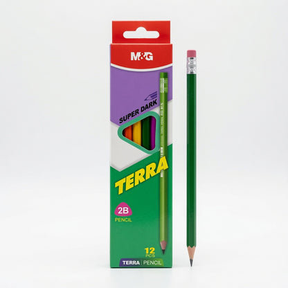 M&G Chenguang Terra 2B Wooden Pencils With Eraser – Premium Super Dark Graphite Pencils, Break-Resistant, Pack of 12 - No: AWP309D0
