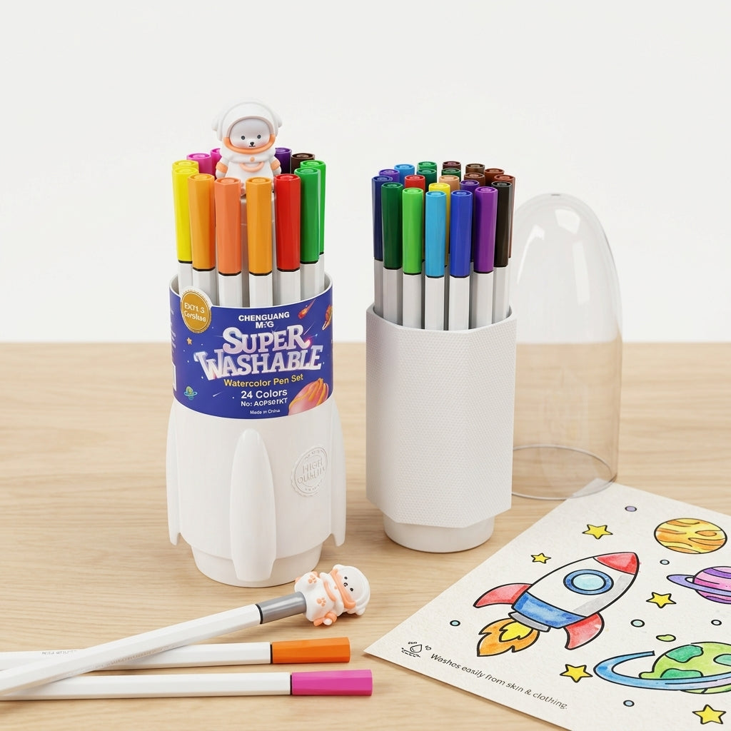 M&G Chenguang Super Washable Watercolor Pens in Rocket Case – 12 Colors – EN71-3 Certified – Safe & Easy to Wash - No:ACP901KT