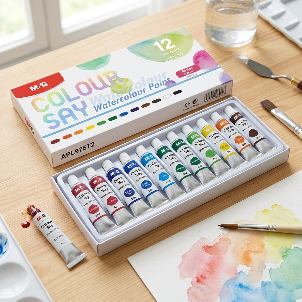M&G Chenguang Watercolour Paint Set – 12 Vibrant Colors (5ml Tubes) for Artists, Students & Beginners - No: APL976T2