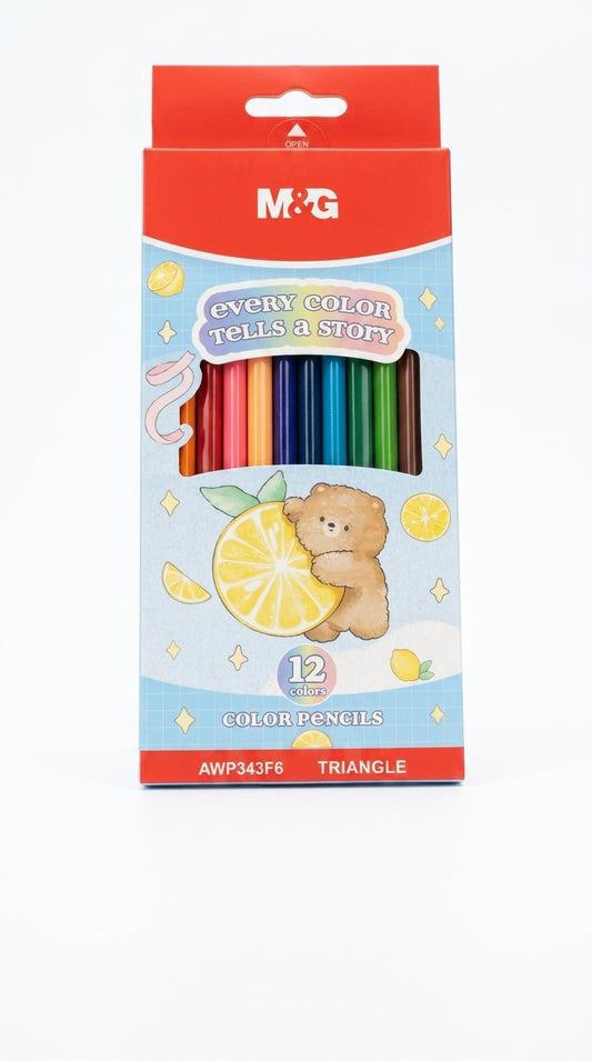 M&G Chenguang Colored Pencils, 12 Colors – Triangular Wooden Pencil Set for Drawing, Coloring & School - No:AWP343F6