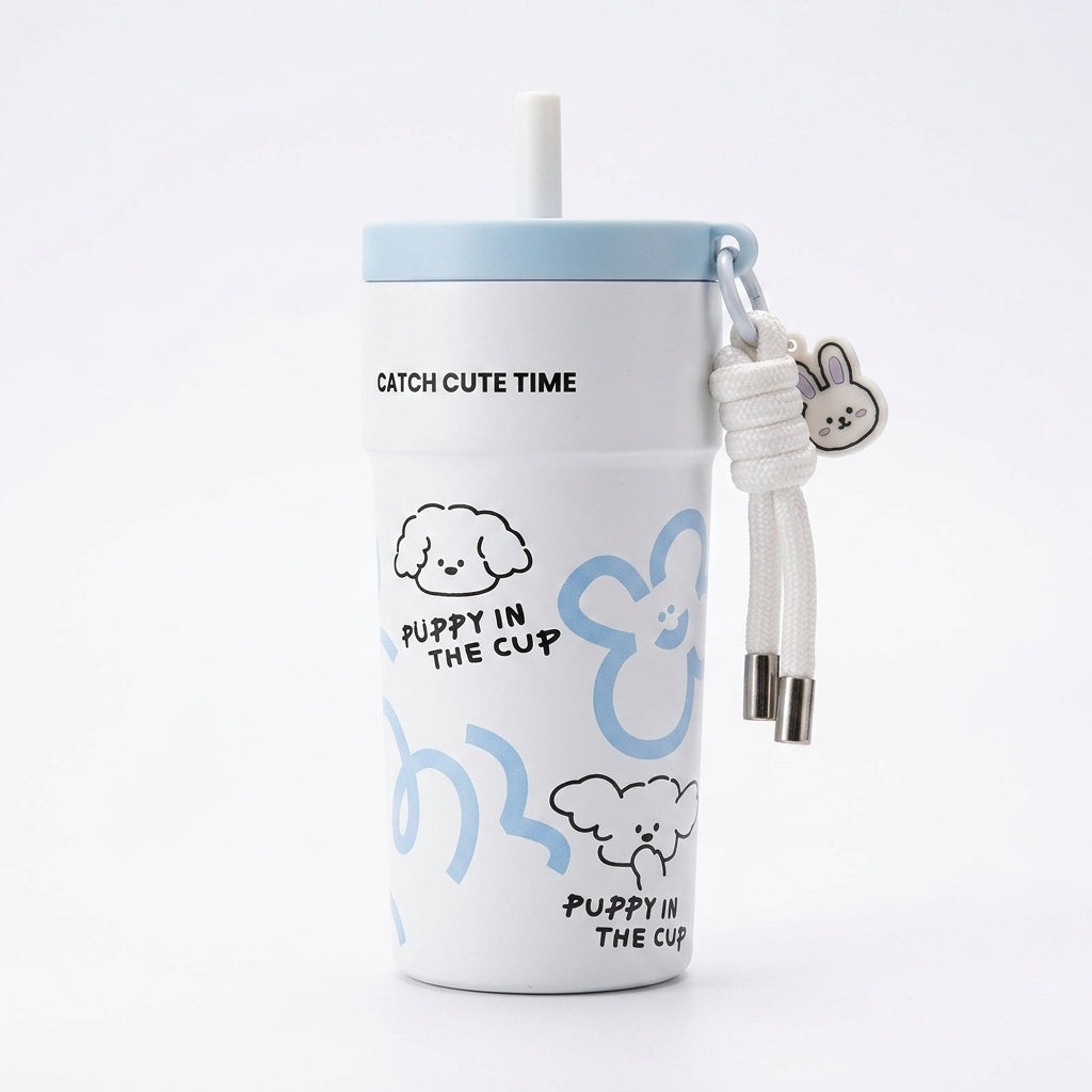 500ml Stainless Steel Insulated Tumbler with Straw & Tea Infuser – Puppy Design, Leakproof Thermal Travel Cup