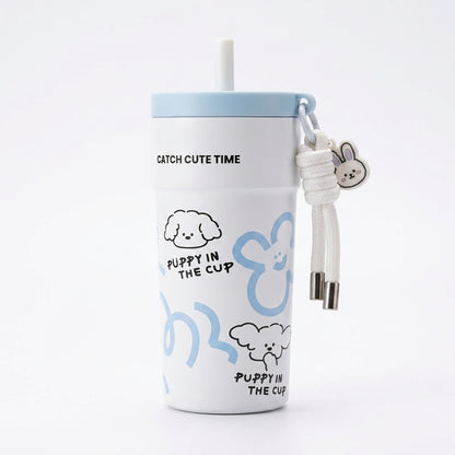 500ml Stainless Steel Insulated Tumbler with Straw & Tea Infuser – Puppy Design, Leakproof Thermal Travel Cup
