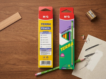 M&G Chenguang Terra 2B Wooden Pencils With Eraser – Premium Super Dark Graphite Pencils, Break-Resistant, Pack of 12 - No: AWP309D0
