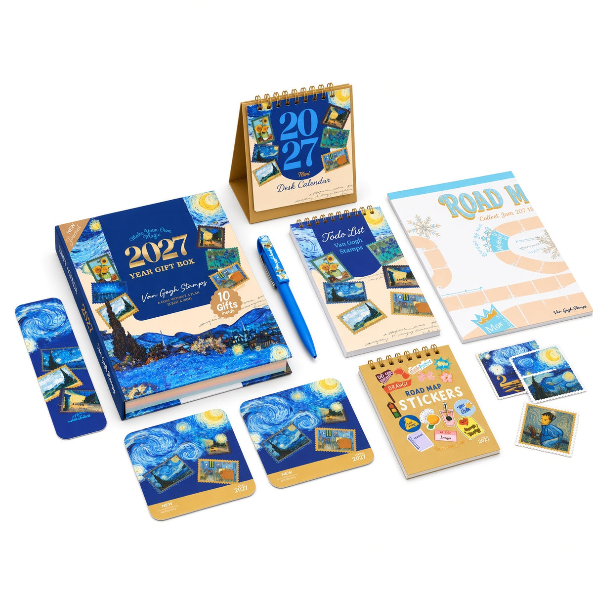 Mofakera Van Gogh Stamps Year Gift Box 2027 – Luxury A5 Daily Planner & 10-Piece Stationery Gift Set - Blue ( Agenda )