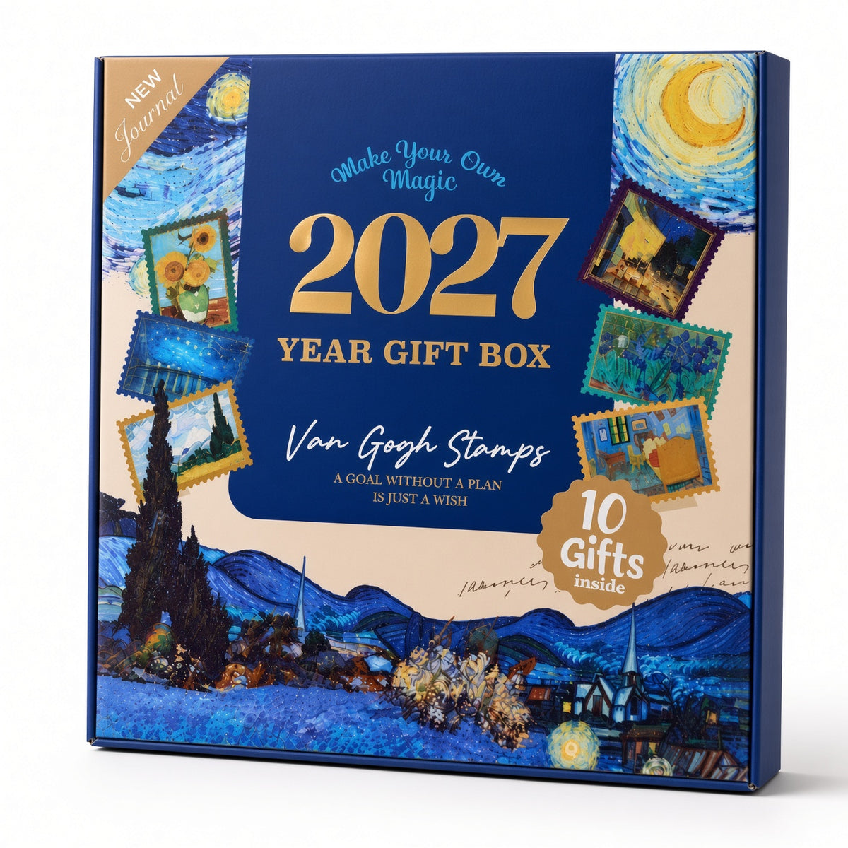 Mofakera Van Gogh Stamps Year Gift Box 2027 – Luxury A5 Daily Planner & 10-Piece Stationery Gift Set - Blue ( Agenda )