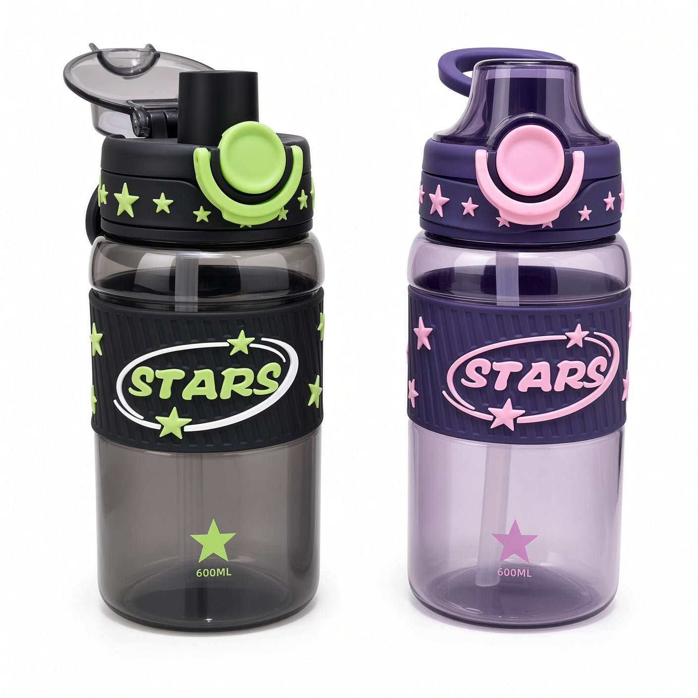Kids Stars Water Bottle 600ml with Straw & Flip-Top Lid - 1pcs - Assorted Color