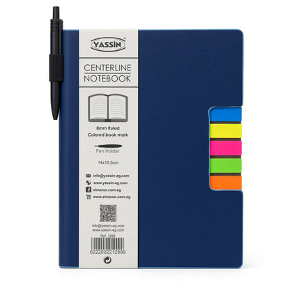 YASSIN Centerline Notebook – 8 mm Ruled, 14 × 19.5 cm, Colored Bookmarks, Pen Holder, Premium Hardcover - No:1299