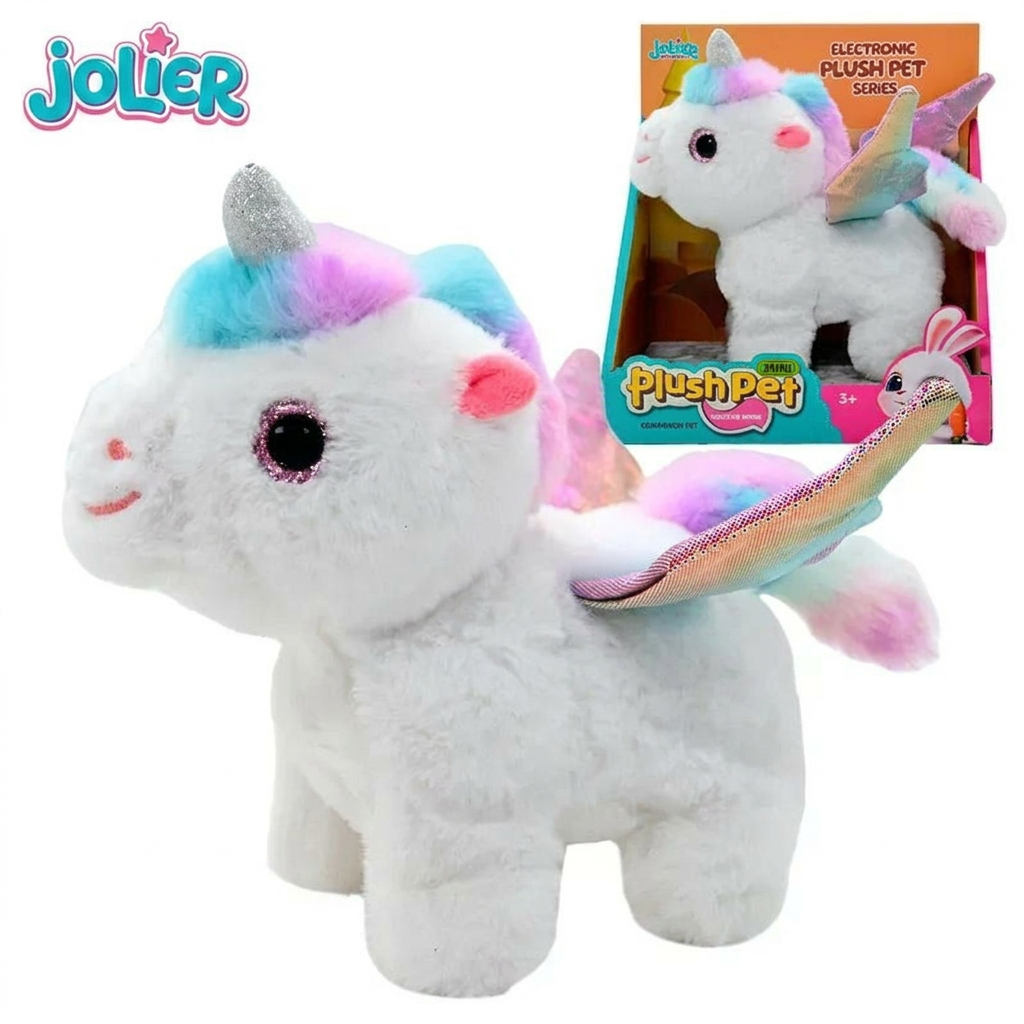 Child cuddling the Jolier pony unicorn plush pet