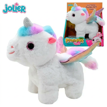 Child cuddling the Jolier pony unicorn plush pet