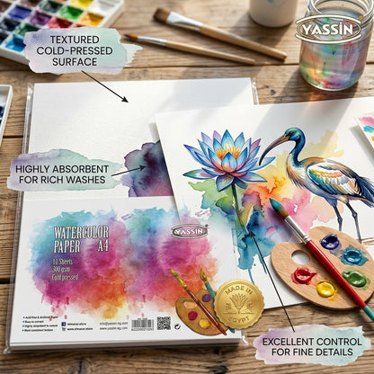 YASSIN Watercolor Paper A4 – 10 Sheets, 300 GSM, Cold Pressed, Acid-Free & Archival White Paper - No: 1329
