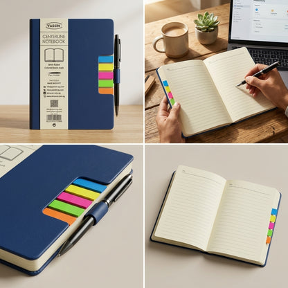 YASSIN Centerline Notebook – 8 mm Ruled, 14 × 19.5 cm, Colored Bookmarks, Pen Holder, Premium Hardcover - No:1299