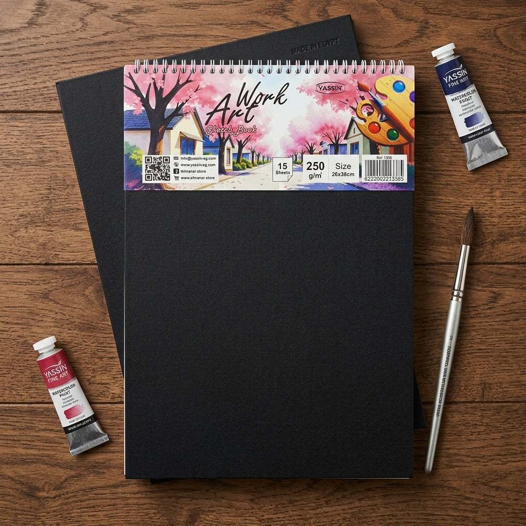 YASSIN Work Art Spiral Sketch Book – 26 × 38 cm, 15 Sheets, 250 GSM Heavyweight Paper for Watercolor, Acrylic, Gouache