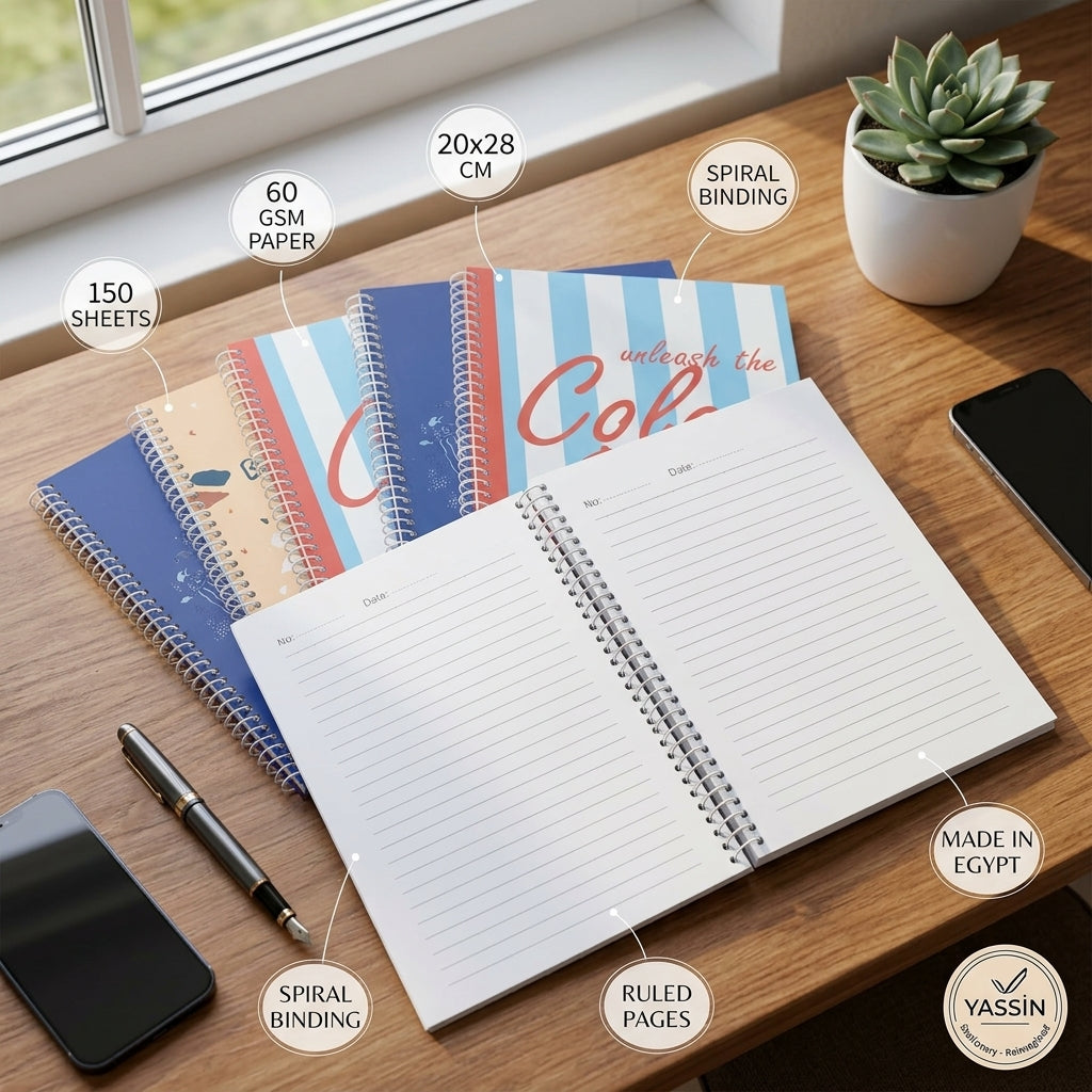 YASSIN Spiral Notebook – 150 Sheets, 60 GSM, 20 × 28 cm, Ruled Pages, Wire Bound, Assorted Designs - 1pcs - No: 1272