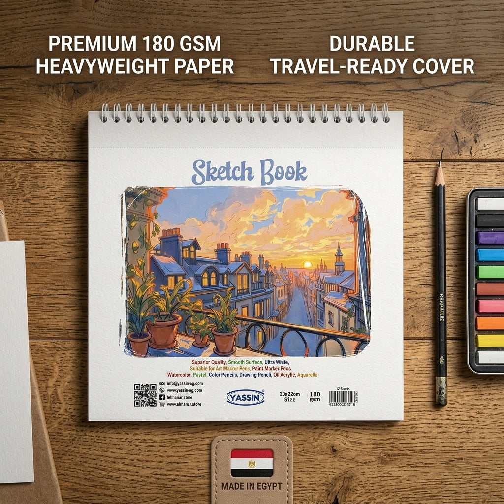 YASSIN Premium Spiral Sketch Book – 20 × 22 cm, 180 GSM, 12 Sheets, Heavyweight Paper for Sketching, Watercolor, Acrylic & Mixed Media