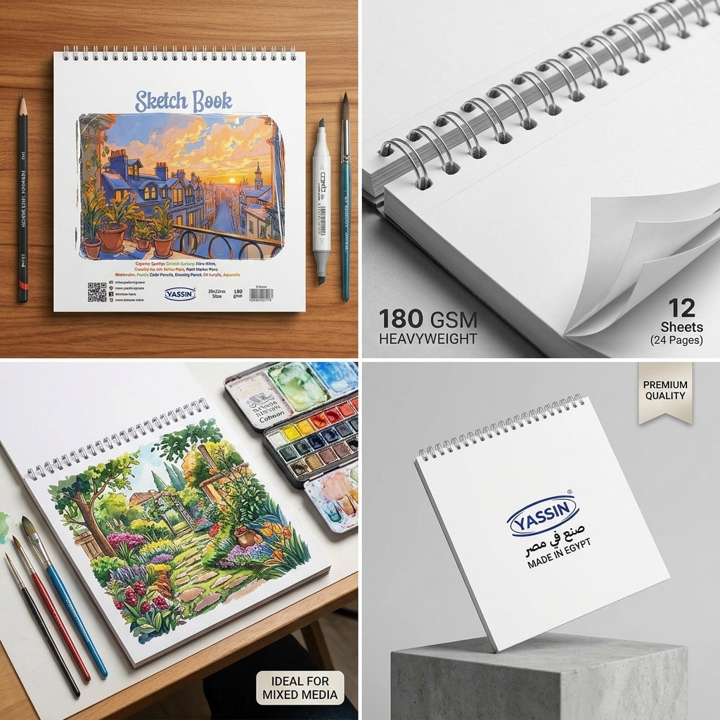 YASSIN Premium Spiral Sketch Book – 20 × 22 cm, 180 GSM, 12 Sheets, Heavyweight Paper for Sketching, Watercolor, Acrylic & Mixed Media