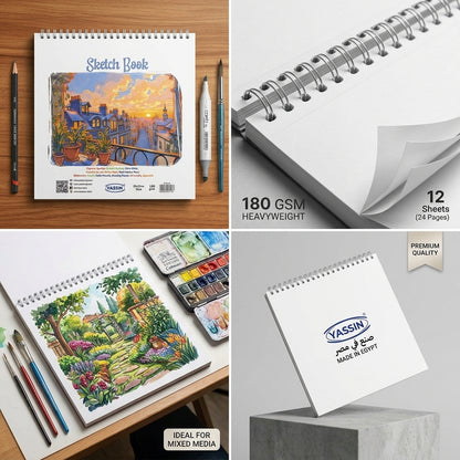 YASSIN Premium Spiral Sketch Book – 20 × 22 cm, 180 GSM, 12 Sheets, Heavyweight Paper for Sketching, Watercolor, Acrylic & Mixed Media