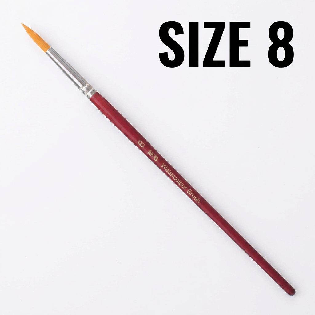 M&G watercolor round brush size 8 flatlay with palette and swatches