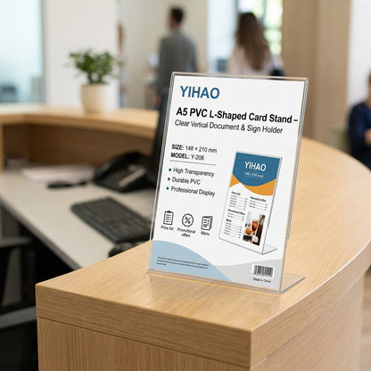 YIHAO A5 PVC L-Shaped Card Stand – Clear Vertical Document & Sign Holder - Size: 148 × 210 mm - No: Y-206