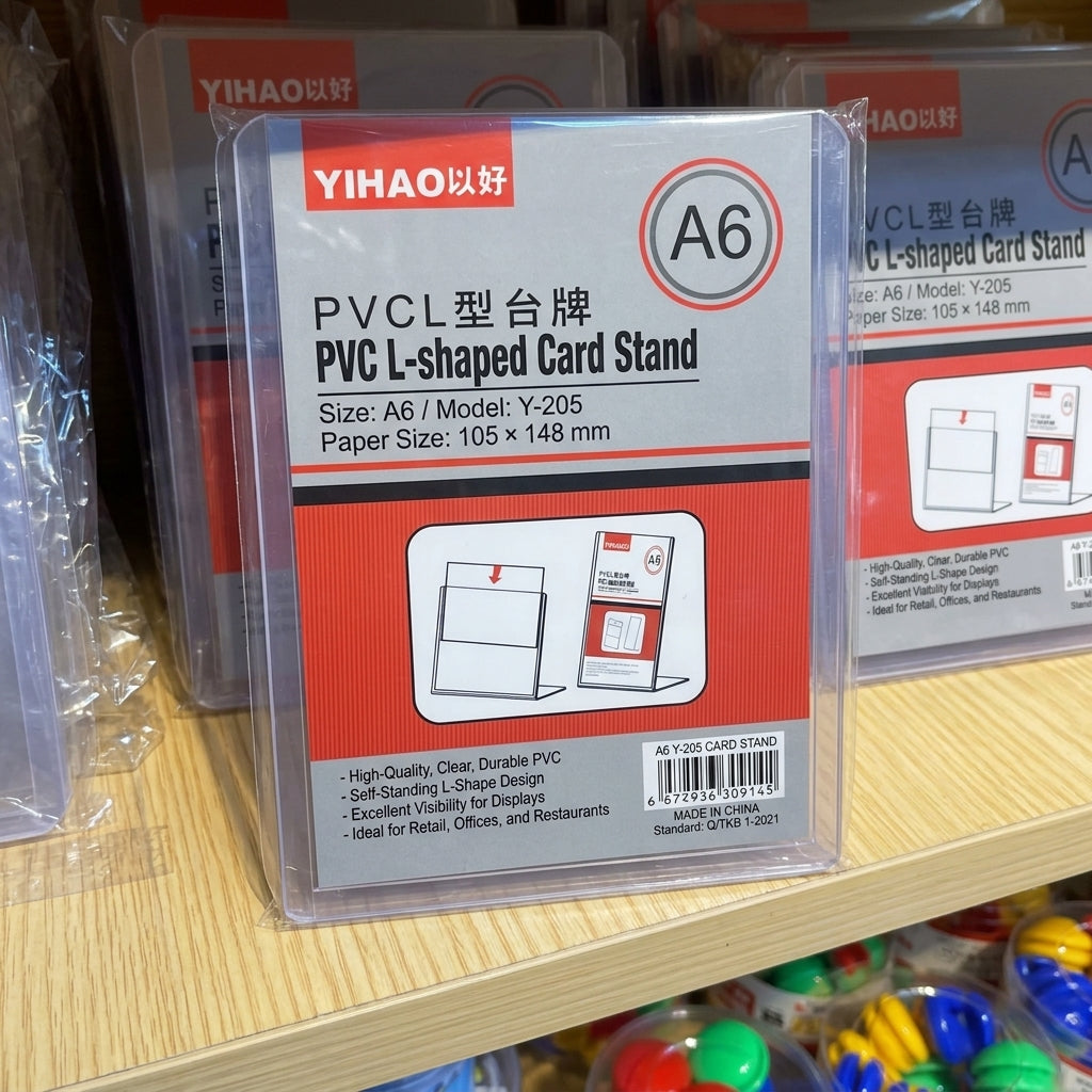 YIHAO A6 PVC L-Shaped Card Stand – Clear Vertical Document & Sign Holder - Size: 105 × 148 mm - No: Y-205