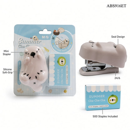 M&G Chenguang Summer Cha-Cha-Cha Mini Stapler with Silicone Soft-Grip Seal Design & 500 Staples – No: ABS916ET