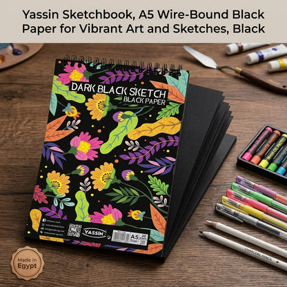 Yassin Sketchbook, A5 Wire-Bound Black Paper for Vibrant Art and Sketches, Black - 30 Sheets - No: 1185