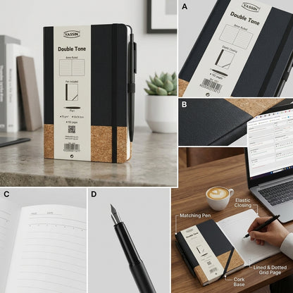 Yassin Double Tone Notebook A5, 192 Pages, 70 GSM, 8mm Ruled, Elastic Closure, Premium Cover, Pen Included - 1pcs - No: 1321