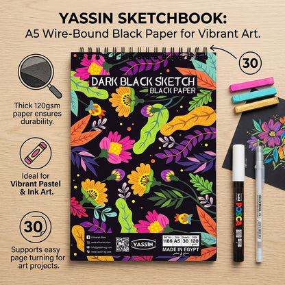 Yassin Sketchbook, A5 Wire-Bound Black Paper for Vibrant Art and Sketches, Black - 30 Sheets - No: 1185