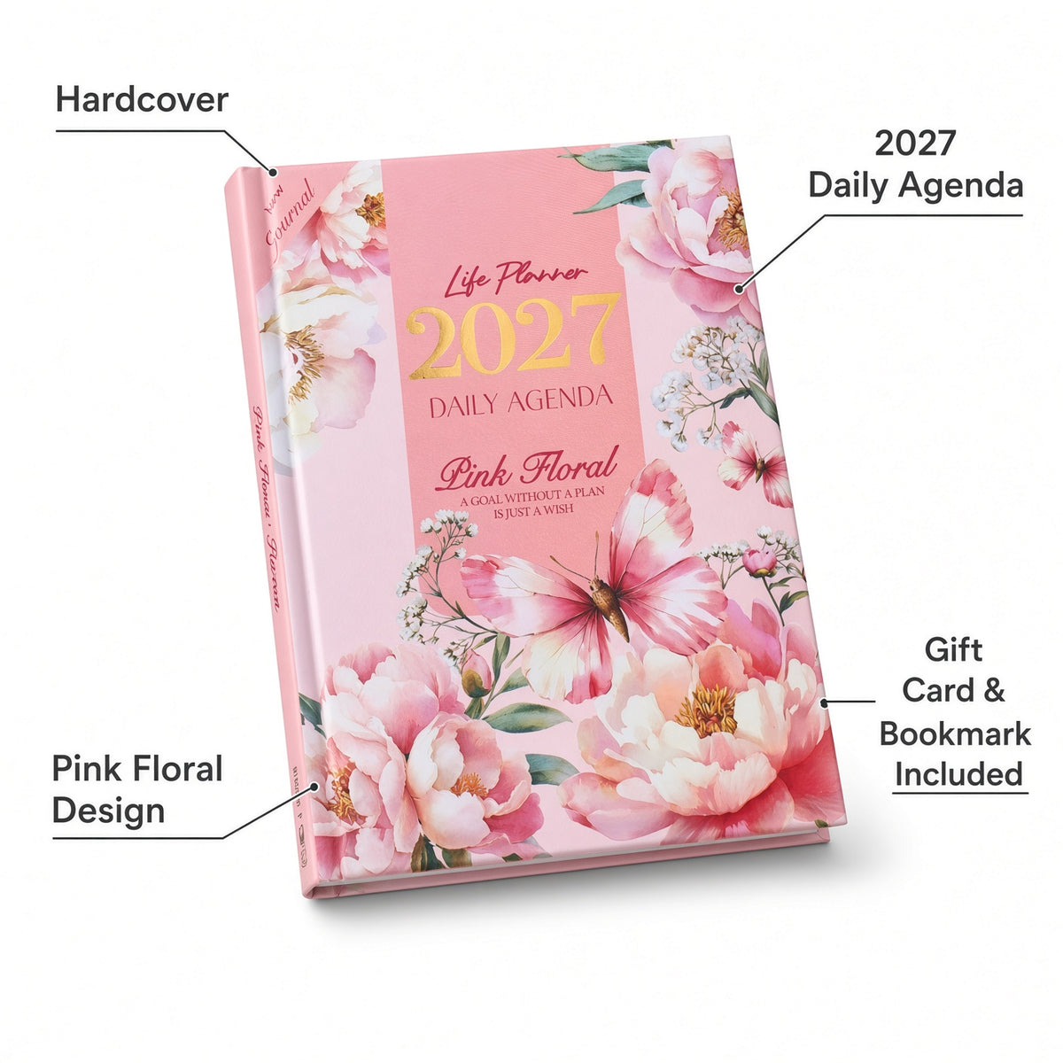 Mofakera Pink Floral Hardcover Daily Agenda 2027 – Premium Planner with Gift Card & Bookmark - Size: A5 - Pink (Agenda)