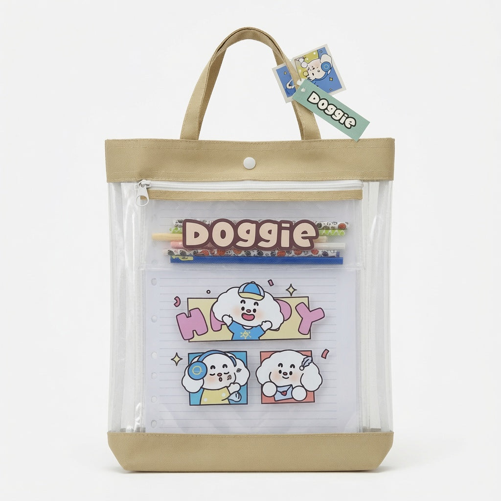 Doggie Transparent A4 Document Organizer Bag and Pencil Case with Handles  – Waterproof File Folder, Zipper & Snap Closure, School and Office Storage