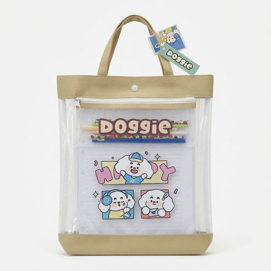 Doggie Transparent A4 Document Organizer Bag and Pencil Case with Handles  – Waterproof File Folder, Zipper & Snap Closure, School and Office Storage