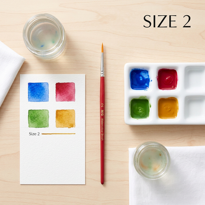 M&G watercolor round brush size 2 flatlay with palette and swatches