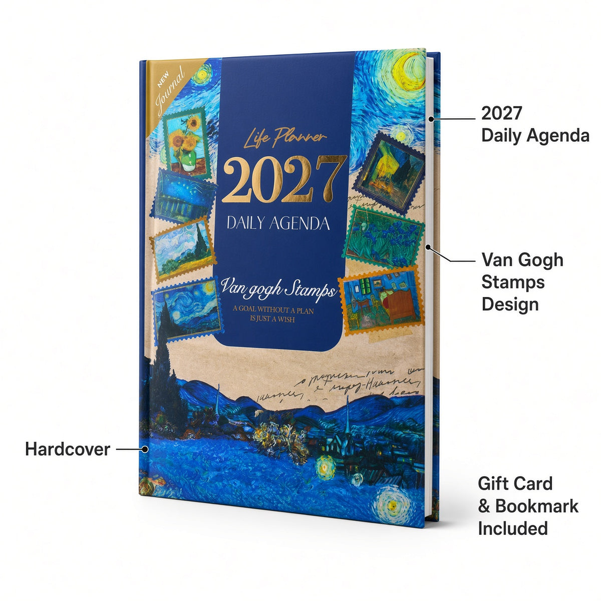 Mofakera Van Gogh Stamps Hardcover Daily Agenda 2027 – Premium Planner with Gift Card & Bookmark - Blue (Agenda)