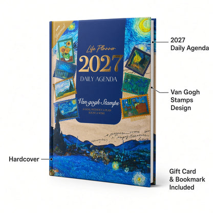Mofakera Van Gogh Stamps Hardcover Daily Agenda 2027 – Premium Planner with Gift Card & Bookmark - Blue (Agenda)