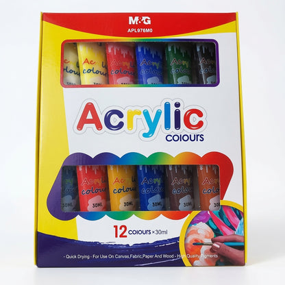 M&G Chenguang Acrylic Paint Set – 12 x 30ml Vibrant Colours, Quick-Drying High Pigment Acrylic Paints for Canvas, Wood, Fabric, Paper & Crafts - No: APLP76M0