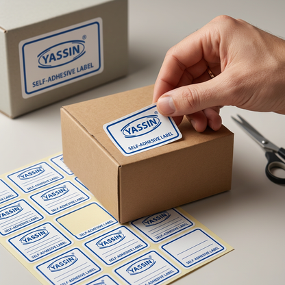 Sticking a small Yassin white blue-bordered label on a school notebook