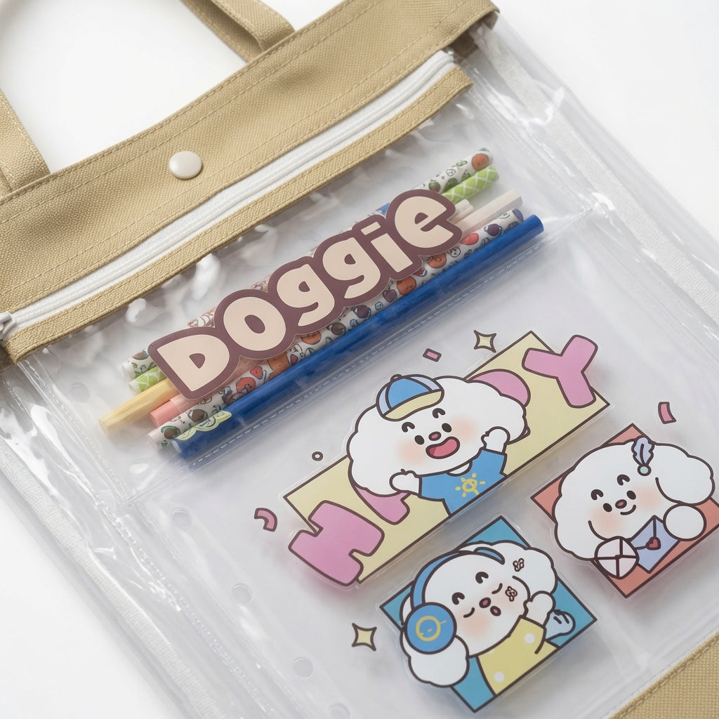 Doggie Transparent A4 Document Organizer Bag and Pencil Case with Handles  – Waterproof File Folder, Zipper & Snap Closure, School and Office Storage