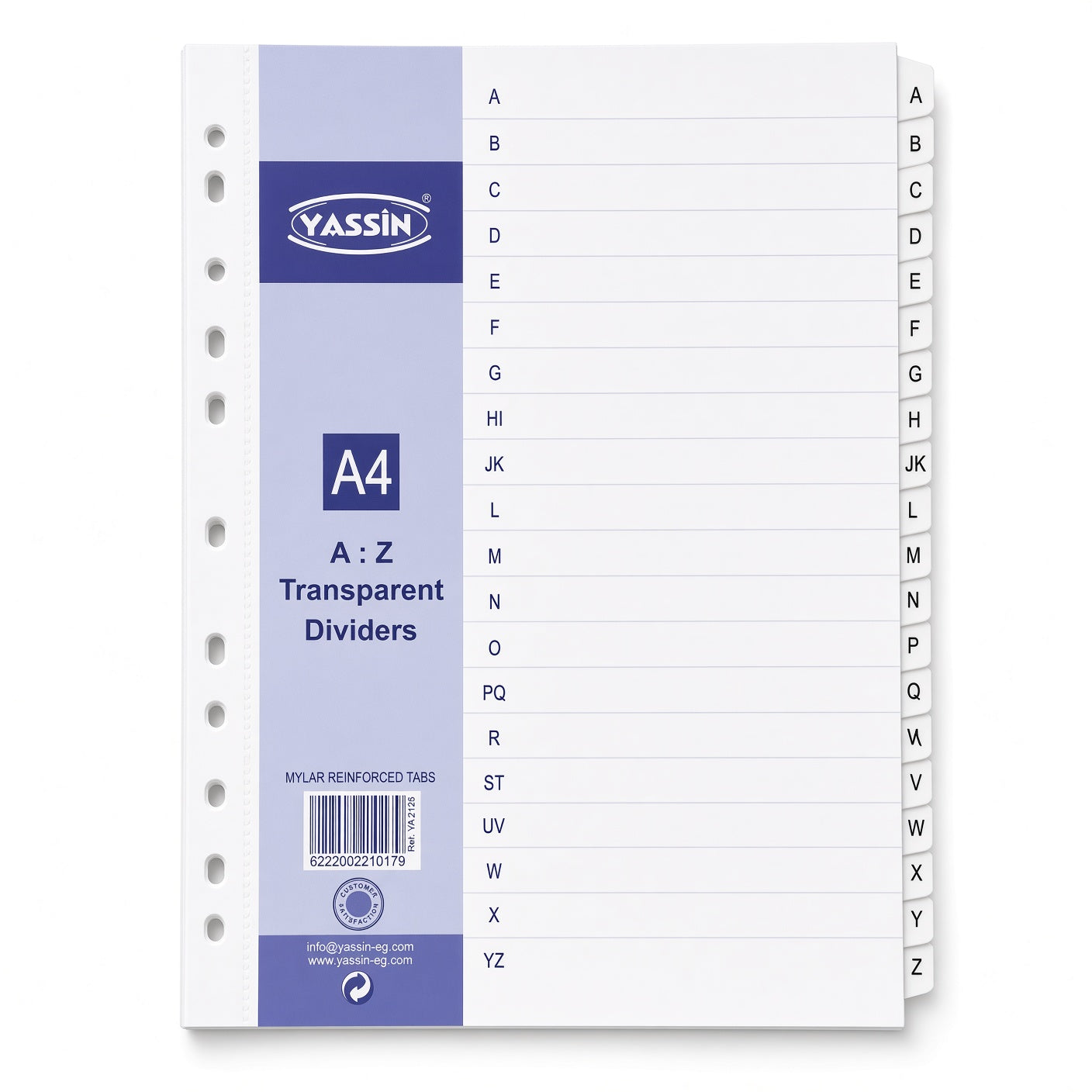 Yassin A4 Transparent Dividers A–Z, Alphabetical Index Separators with Mylar Reinforced Tabs - No: 2126