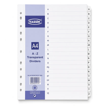 Yassin A4 Transparent Dividers A–Z, Alphabetical Index Separators with Mylar Reinforced Tabs - No: 2126