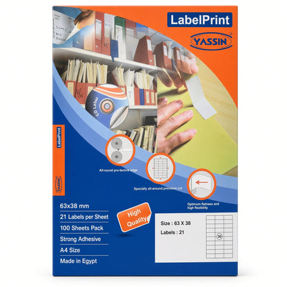 Yassin Professional Medium Adhesive Label Sticker,63x38 mm With Premium Material - Size: A4 - 21 Labels per Sheet - 100 sheets - No: 0932