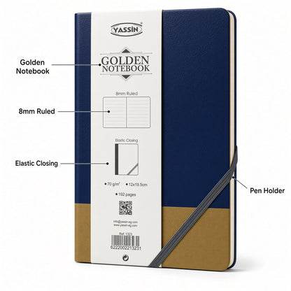 YASSIN Golden Notebook – A5 Ruled Notebook, 192 Pages, 8 mm Lines, 70 GSM, Elastic Closure, Pen Holder, 12 × 19.5 cm - No: 1323